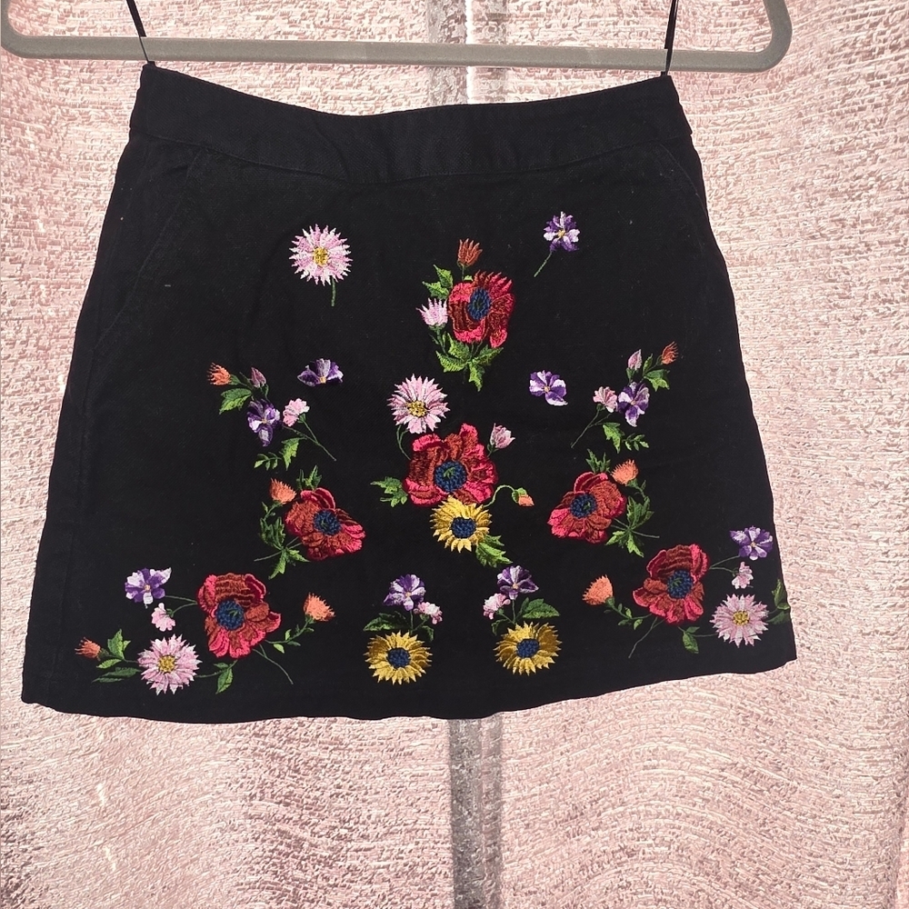 Topshop Black Skirt with Colorful Floral Embroidery